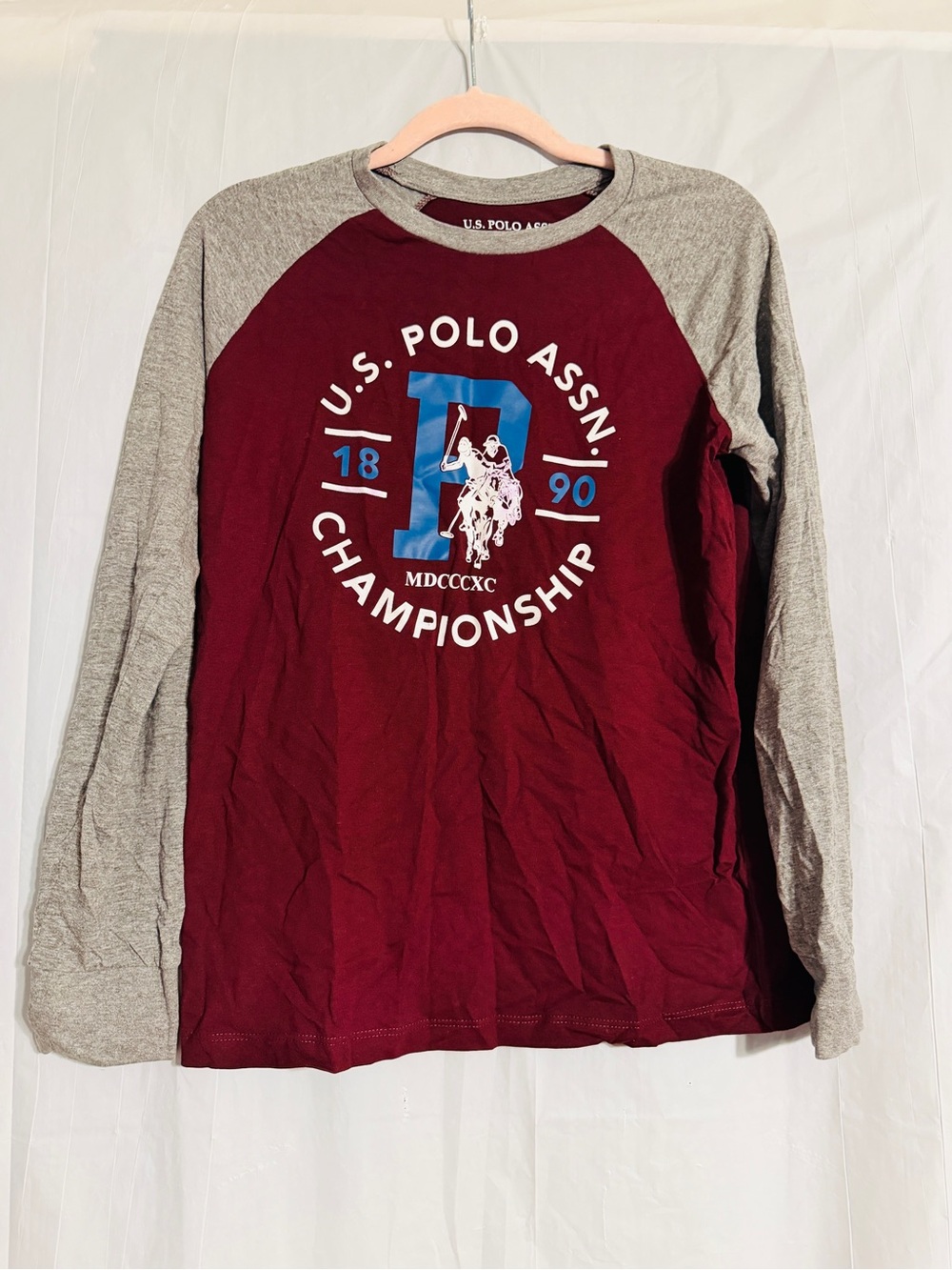 U.S. Polo Assn. Kids L 10-12 Burgundy Gray Long Sleeve Raglan Graphic Shirt